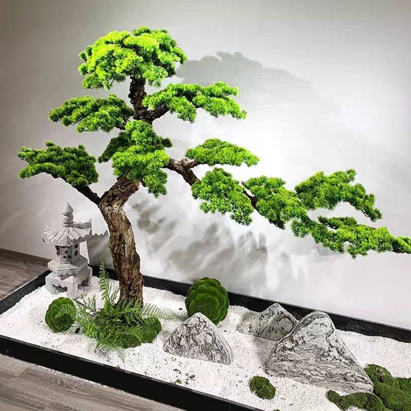 仿真迎客松造景大型绿植罗汉美人松树酒店楼梯下装饰摆件景观组合