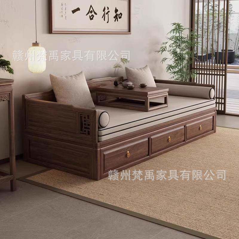YYC实木拉罗汉床桃南美胡木新中式伸缩储物沙带抽箱体推式客厅发