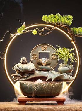 中式陶瓷流水HTI生财循新环喷泉件办公室客厅面桌鱼缸摆开业乔迁