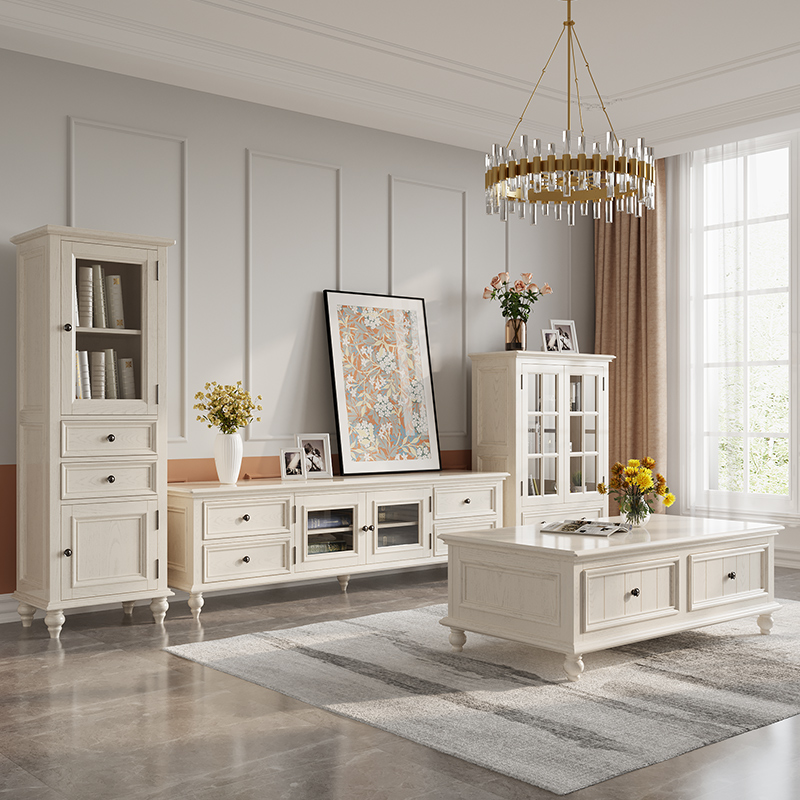美式实木茶几桌小l户型电视柜组合简约现代客厅北欧白色家用家具