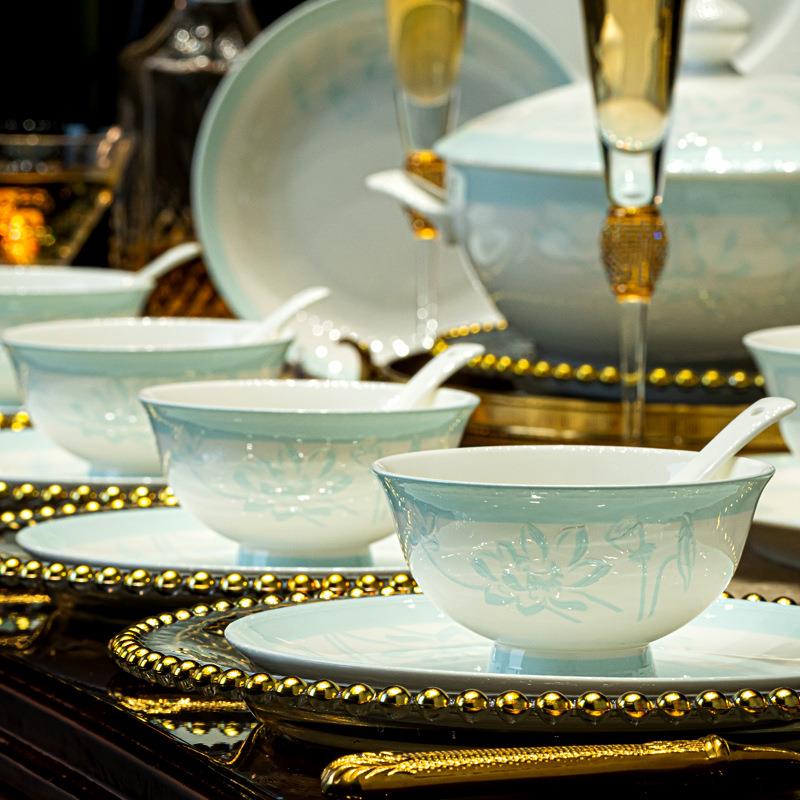 唐山骨瓷餐具套装家用釉下彩瓷筷盘子新中式碗碗碟HTYS0001套装20