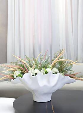 家北欧民创意白色不规异形陶瓷卷边花盆摆1672件玄关酒则店宿居装
