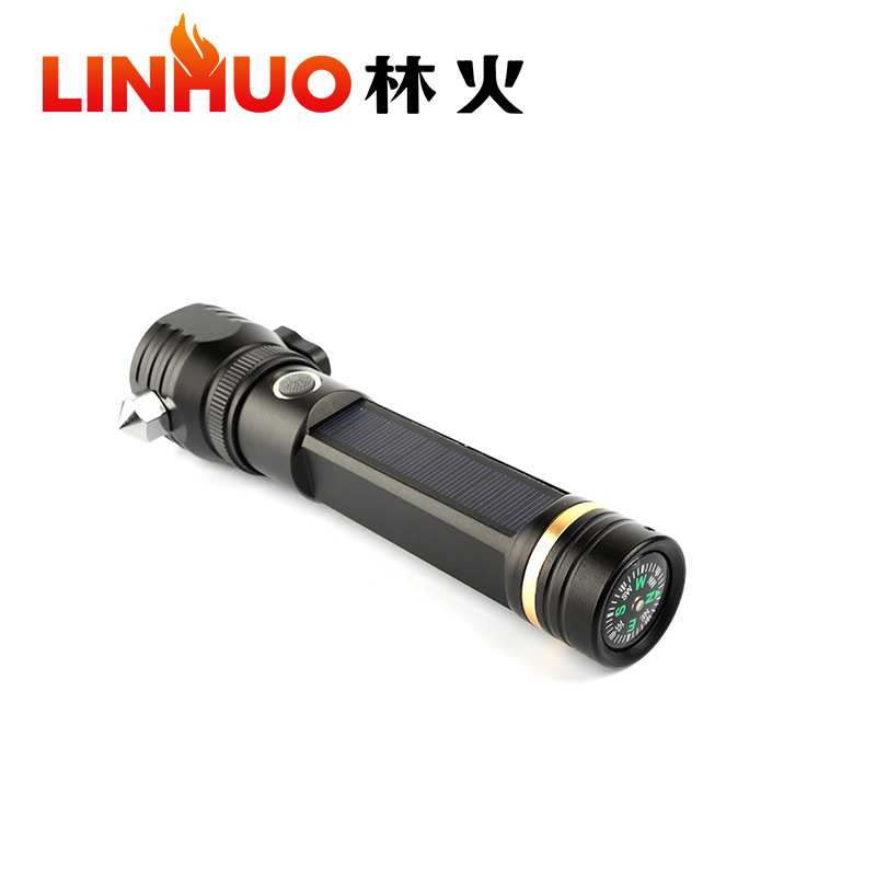 跨境新款 太阳能多功能 强光充电车载应急安全锤尾部指南针手电筒