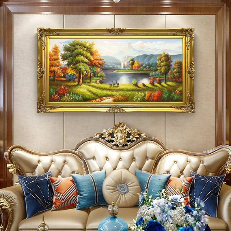 欧式山水风景油画客厅装饰画美式沙发背景壁画玄关书房挂画聚宝盆
