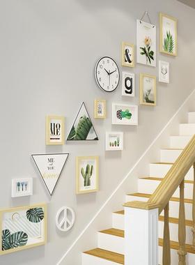 实木_7872包邮楼梯照片墙现代装饰挂画绿植相框组合换相片真钟表