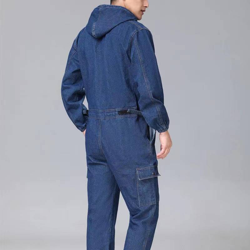 秋冬牛仔连体衣工作服套装男纯棉耐磨电焊工装汽修喷漆防尘劳保服