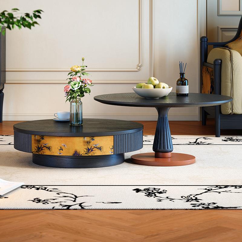 客厅家用实木茶几法式复古中古美式家具大小圆形组合茶几