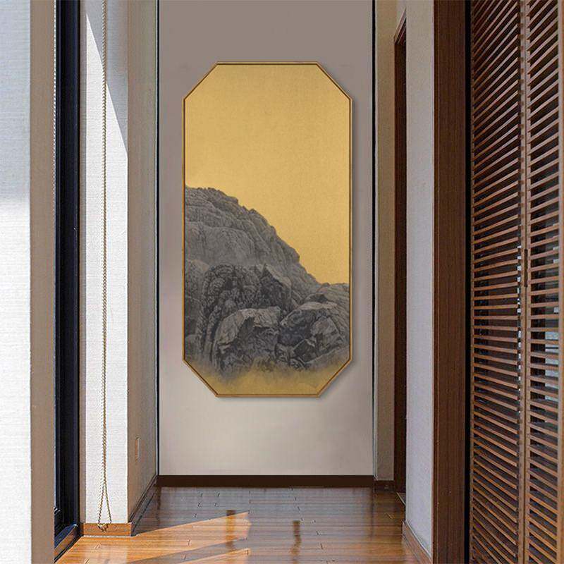 奇石乾坤 新中式玄关装饰画饭馆茶楼古典壁画八边形石头客厅挂画