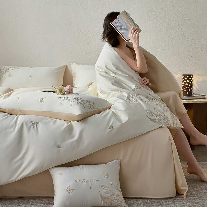 2025新款A类长绒棉纯棉刺绣四件套60支绣花纯色全棉小清新四件套