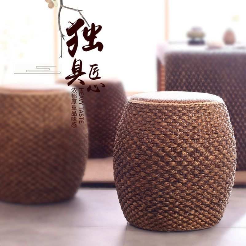 藤编矮凳创意圆凳手工草编坐墩沙发茶几凳子家用客厅实木小板凳s^
