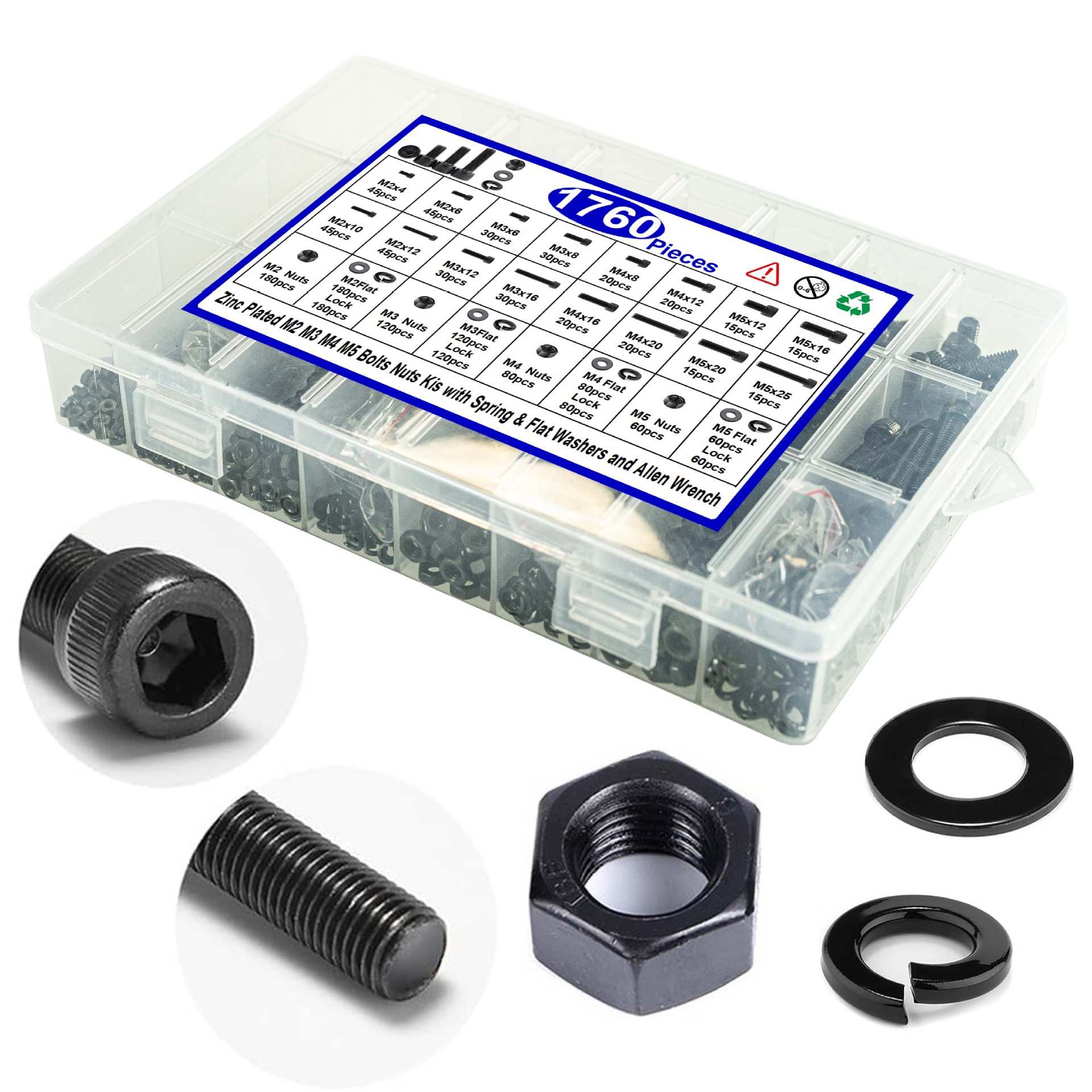 1760/1705pcs黑色12.9级圆柱头内六角螺钉配螺母平弹垫套装高强度