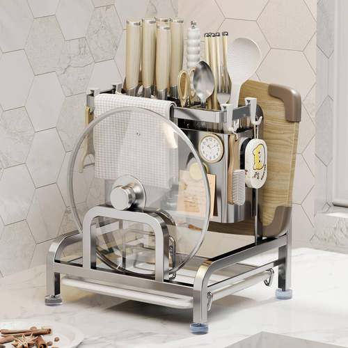 不锈钢子厨房刀具置物架刀筷座砧板刀架菜板架子刀具锅盖笼台面收