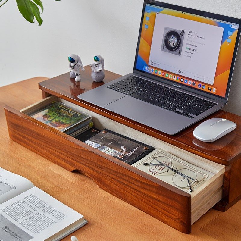 实木电脑增高架抽屉式大容量w收纳盒多功能办公宿舍桌面杂物整理