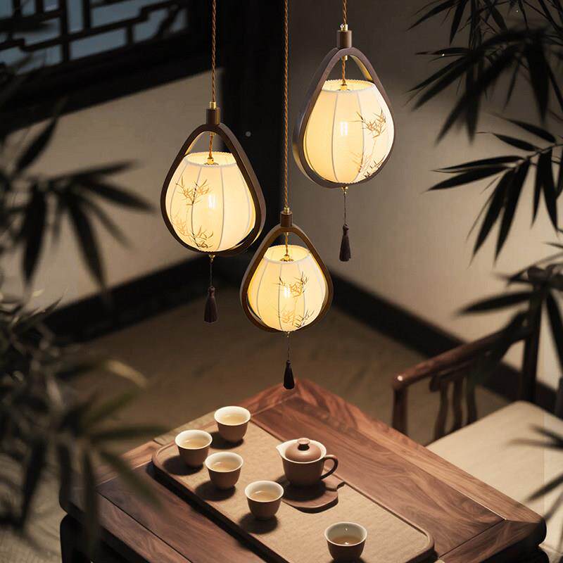 新中式宋式学实木吊床头茶室餐厅台玄关吧灯具复古美风布灯艺灯罩