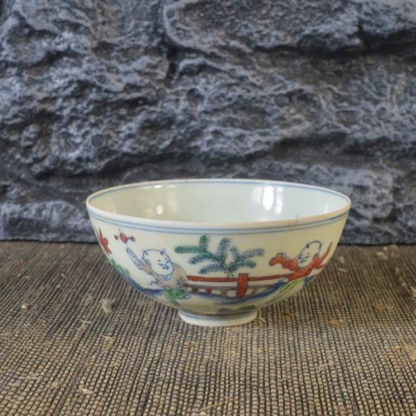 仿古瓷器 复古做旧明成化风格 斗彩人物纹瓷碗 古董古玩收藏品