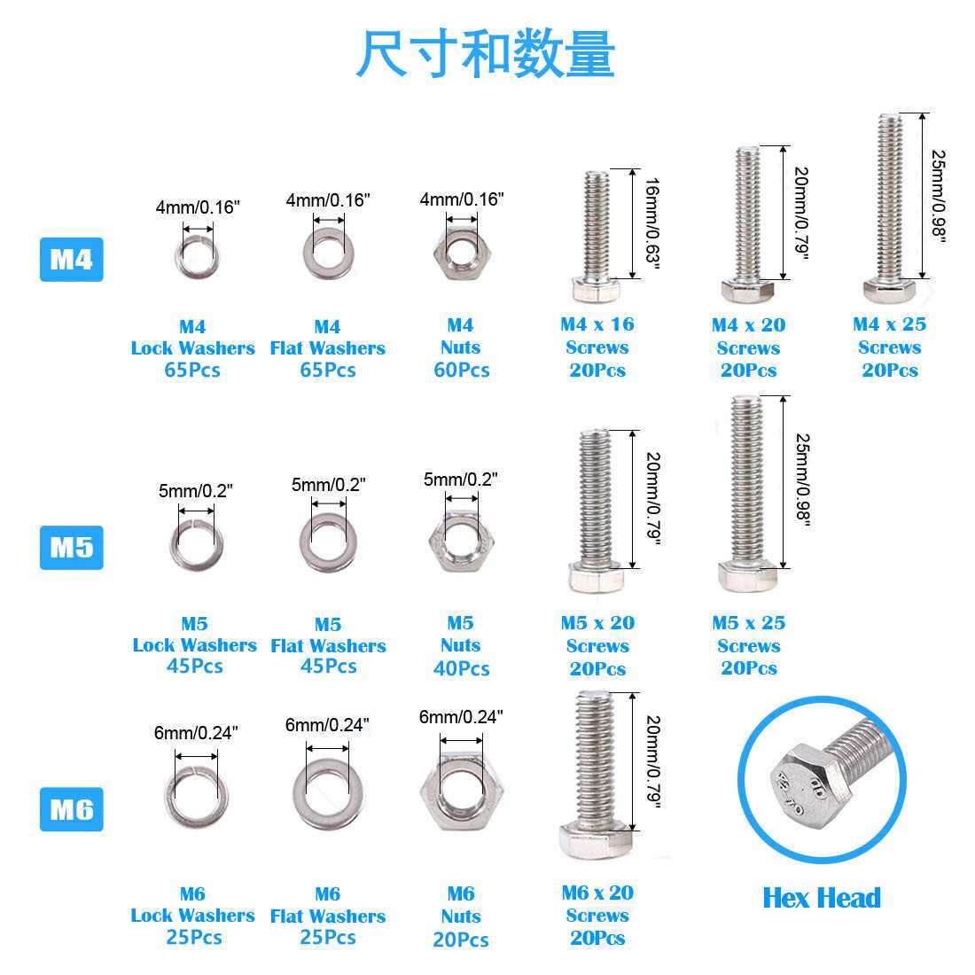 510pcs不锈钢304DIN933外六角螺栓配平垫弹垫螺母套装M4~M6