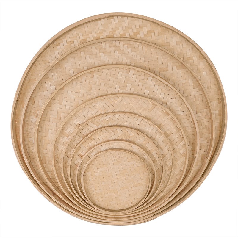 竹编制品平底簸箕家用手工圆形竹筛子农家箩筐托盘幼儿园绘画装饰图片