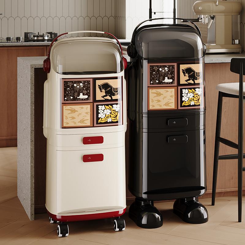 厨房干湿分类多功能垃圾桶免弯腰带轮大容量轻奢滑盖收纳桶厨余