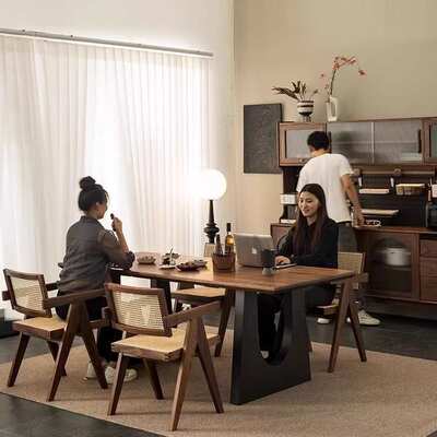 北美黑胡桃木色中古餐桌长方形去客厅化大长工作台大板餐书桌一体