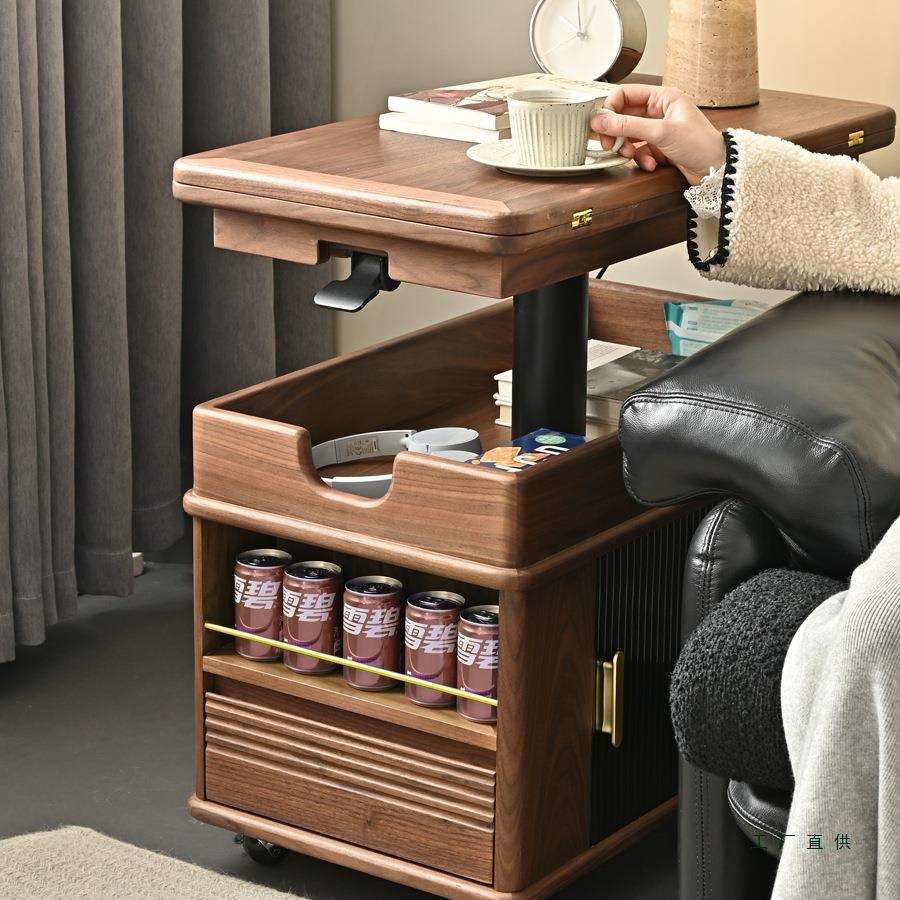 随意停升降可移动推车茶几黑胡桃木折叠功能沙发床头边柜实木边几