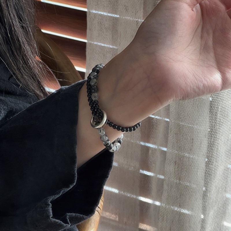 一十七手作 原创国风实心足银99C9平安扣黑曜石黑发晶双圈情侣手