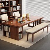 实木大板桌子家用餐桌一体办公学习桌客厅大长书桌书柜组合工作台