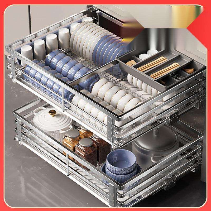 厨房304不锈钢缓冲轨抽屉双层调料拉篮开门橱柜内置物收纳碗碟架