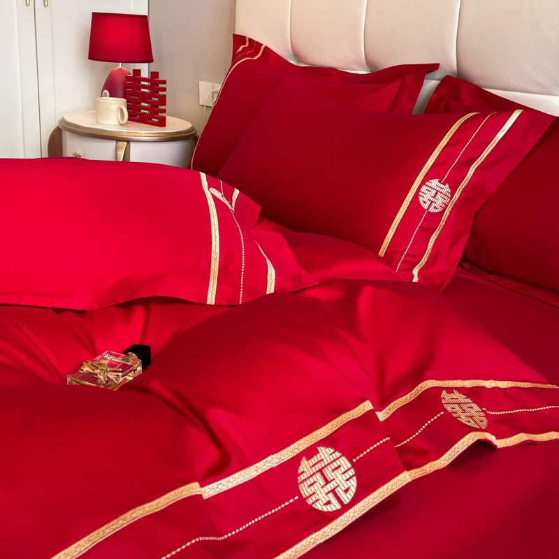 婚庆纯棉60支长绒棉四件套刺绣被套全棉1.8m结婚龙凤床笠款