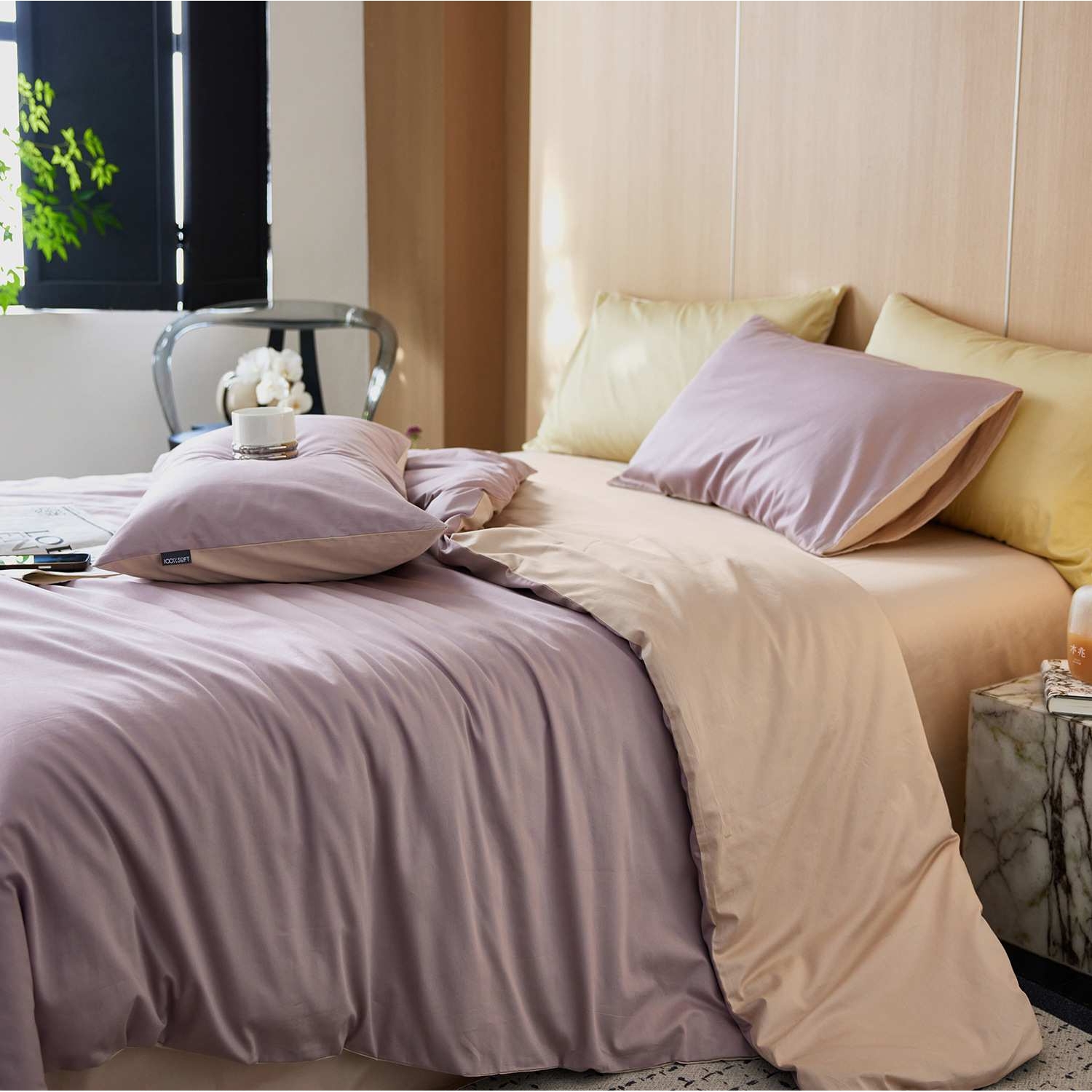 纯色轻奢100素色双拼四件套 简约亲肤素色床上用品套件现货