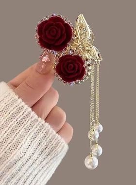 高端流苏丝绒玫瑰花发夹头饰发夹红色抓夹丸子夹马尾夹弹簧夹一字