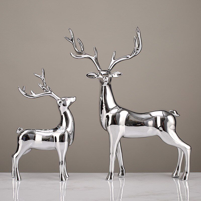 简约轻奢金色电镀麋鹿摆件客厅电视柜酒柜银色渐变对鹿装饰品摆饰