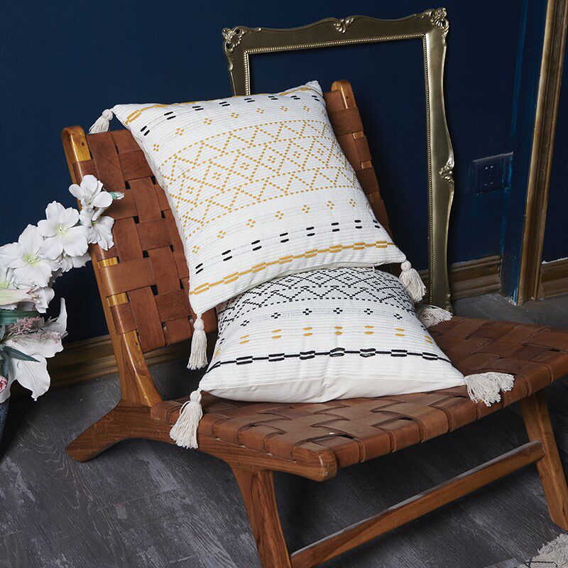 方形菱形沙发简约风编织提花棉帆布流苏诧寂风抱枕套靠枕靠垫套