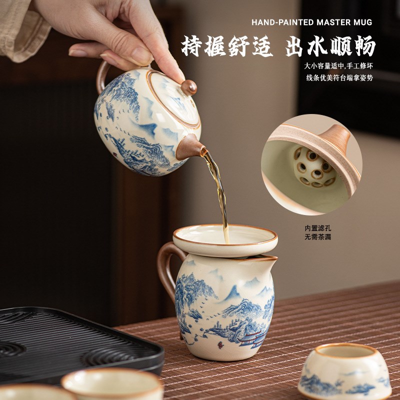 便携式汝窑旅行茶具套装户外陶瓷功夫泡茶壶一壶六杯带茶盘收纳包