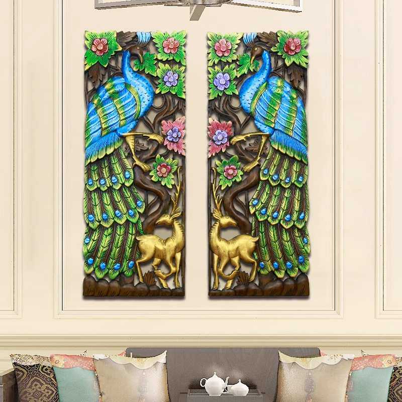 泰国柚木木雕小鹿孔雀雕花板镂空东南亚风格软装实木花格墙饰壁饰