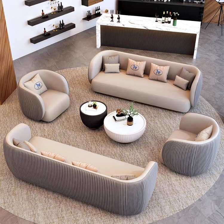北欧洽谈意式沙发茶几组合酒店办公室圆弧皮艺沙发展厅休息区沙发