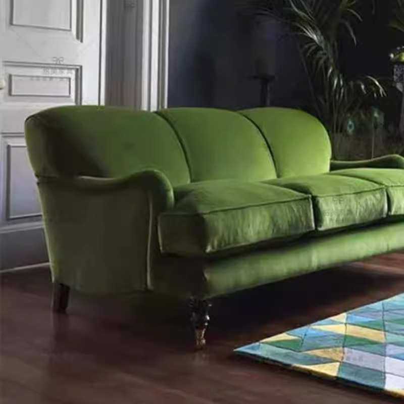 新古典复古铆钉创意拉扣丝绒双三人沙发法式墨绿色样板间客厅家具