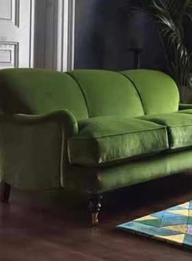 新古典复古铆钉创意拉扣丝绒双三人沙发法式墨绿色样板间客厅家具