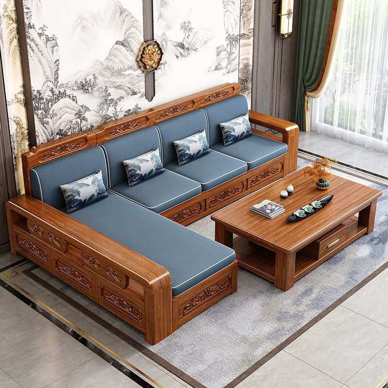 金丝胡桃木实木沙发中式冬夏两用家用小户型组合客厅雕花储物家具
