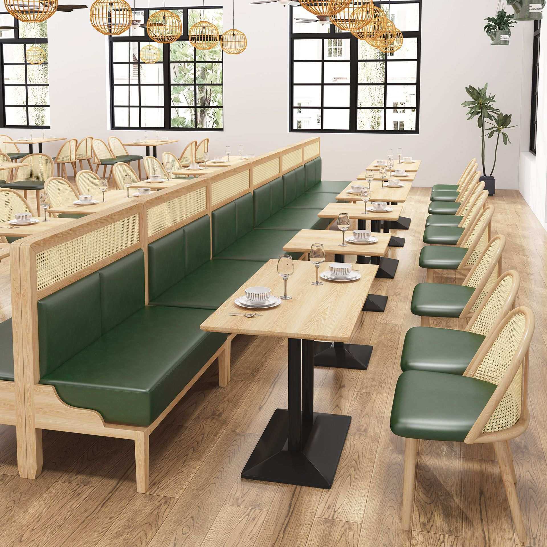 实木藤编卡座沙发商用新中式桌椅餐厅饭店咖啡厅奶茶店餐桌椅组合