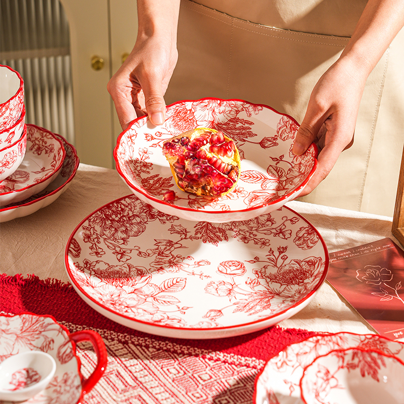 舍里中国风盘子菜l盘家用红色喜庆餐盘陶瓷餐具深圆盘乔迁新居碗