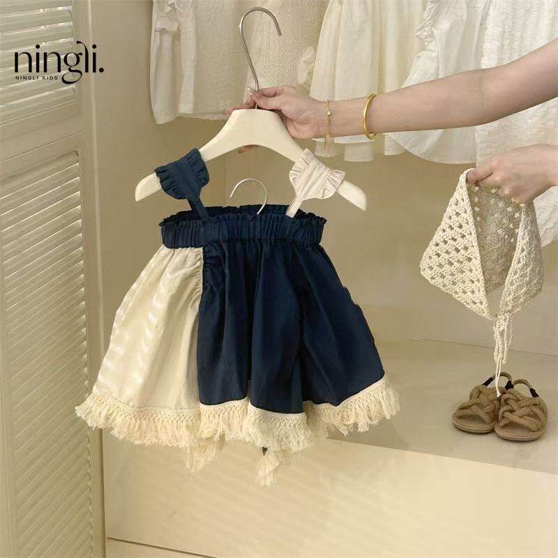 童装女童拼接流苏大裙摆上衣2026新款夏季宝宝时髦洋气吊带连衣裙