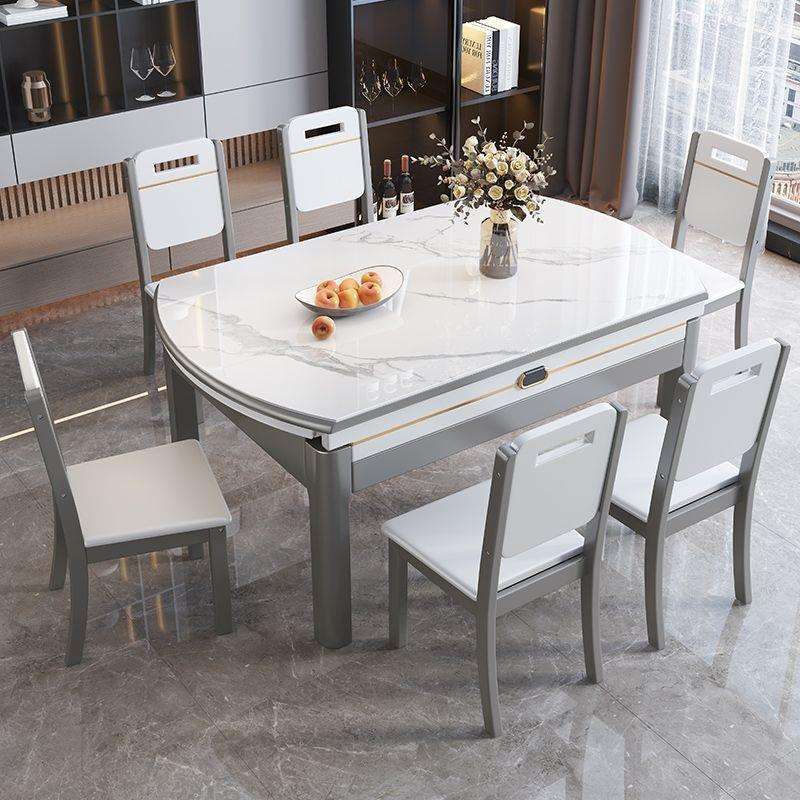 岩板餐桌家用椅组合现代简约轻奢小户型伸缩折叠实木桌子圆桌