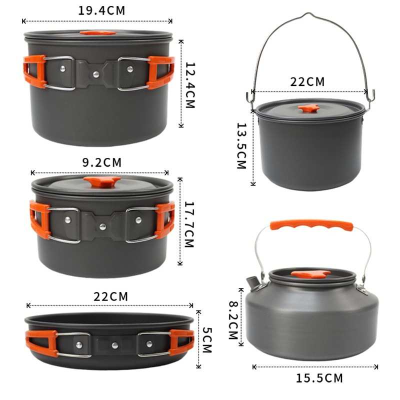 DS800户外锅具露营餐具套装野营炊具便携式烧水壶套锅8人野营吊锅