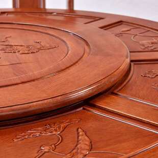 金花梨木餐桌带转盘加厚仿古实木雕花大圆桌餐厅中式家用吃饭桌子