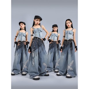 女童爵士舞服装儿童街舞潮服酷帅表演服夏女团舞蹈演出服牛仔套装