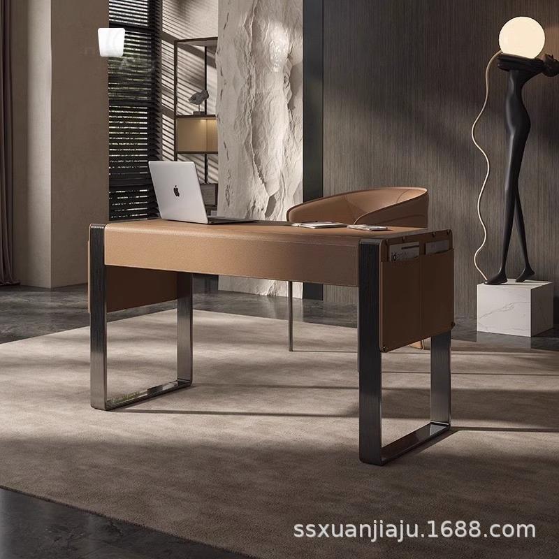 意式极简书桌书房家用马鞍皮高档办公桌设计师现简约代办公电脑桌