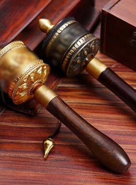 仿尼泊尔纯铜浮雕手摇转金简家居藏传密宗摆件玛尼轮转金轮送布袋