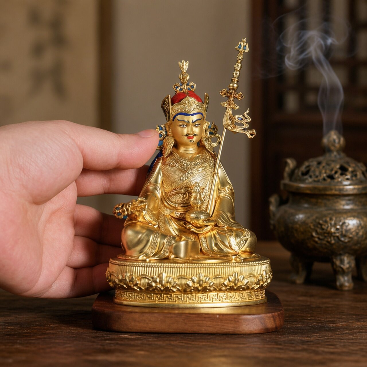 尼泊尔黄铜莲花大师佛像手工鎏金工艺家居莲花大士铜像摆件