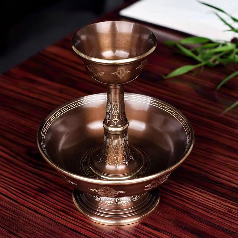 西藏式纯铜护法杯八吉祥密宗供佛用品大小号描金圣水供水杯供佛杯