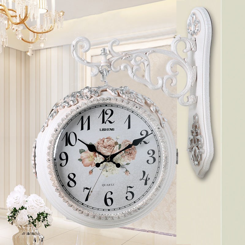 客厅双面挂钟静音欧式钟表时尚现代简约两面复古S家用时钟创意装